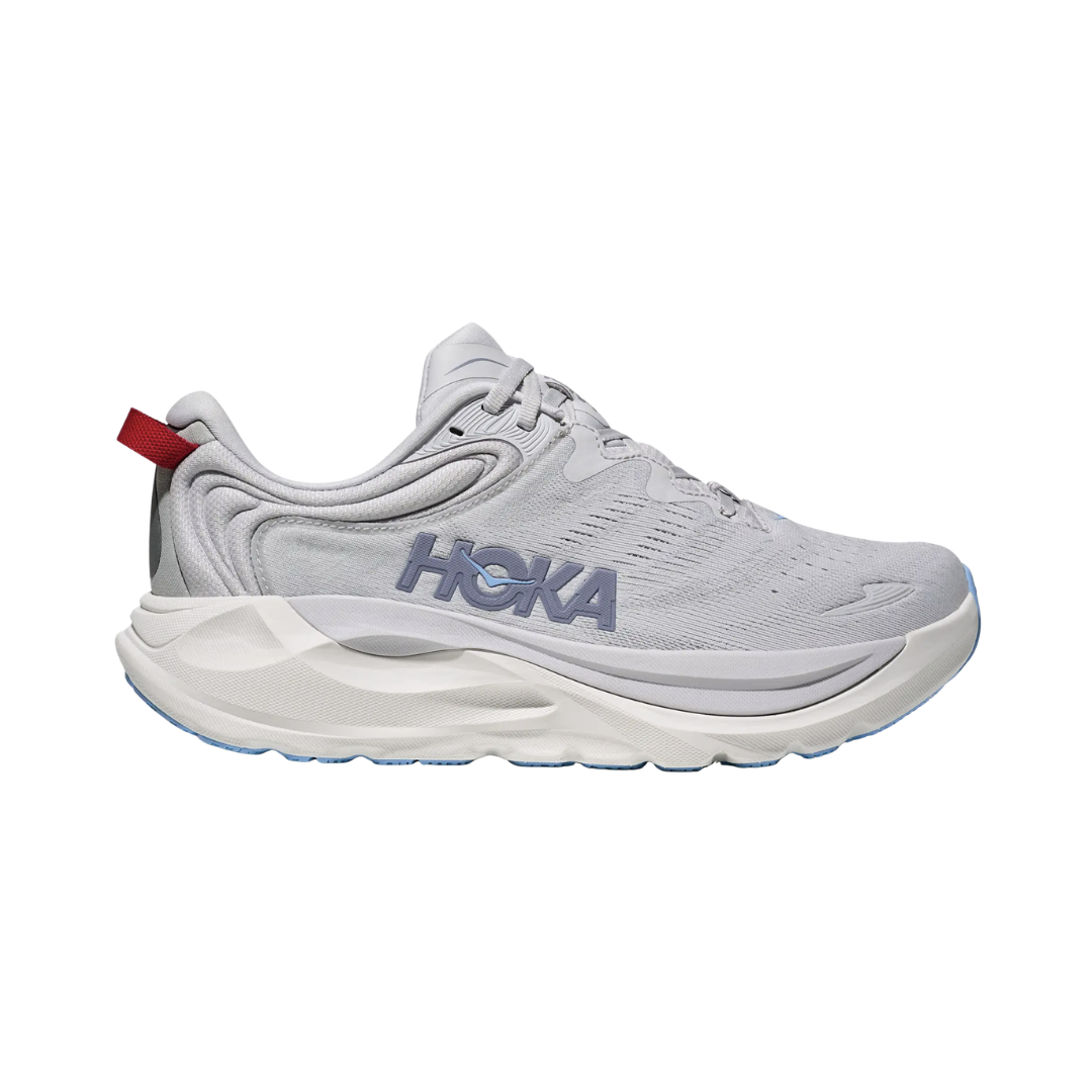 Side view of the Women’s HOKA Gaviota 6 in Cosmic Grey/Stardust, showcasing the breathable engineered mesh upper, internal ghillie lacing system, and enhanced H-Frame™ stability for a smooth, supportive stride.