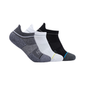 Side view of the HOKA Unisex No-Show Run Socks in White, Black, and Grey, featuring the low-profile ankle-grazing design, form-fitting construction, and engineered arch support for a secure fit during running, walking, and training.