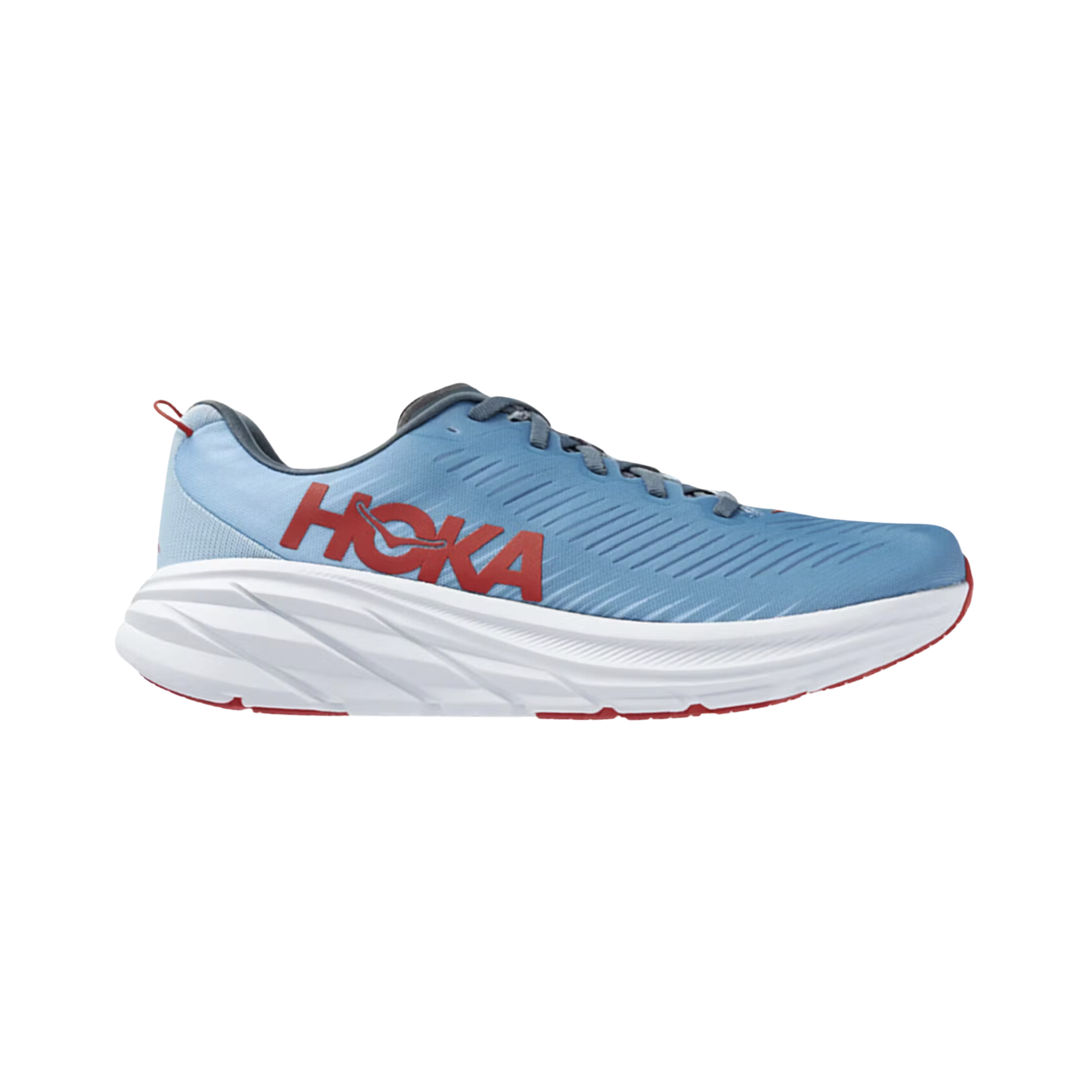 Side view of the HOKA Men’s Rincon 3 in Mountain Spring/Summer Song, showcasing the lightweight engineered mesh upper, full-compression EVA midsole, and smooth Meta-Rocker geometry for fast, cushioned performance.