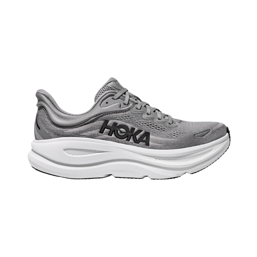 Side view of the HOKA Men’s Bondi 9 in Galactic Grey/Stellar Grey, showcasing the thick super critically foamed EVA midsole, smooth MetaRocker™ profile, and breathable recycled polyester upper for maximum cushioned support.