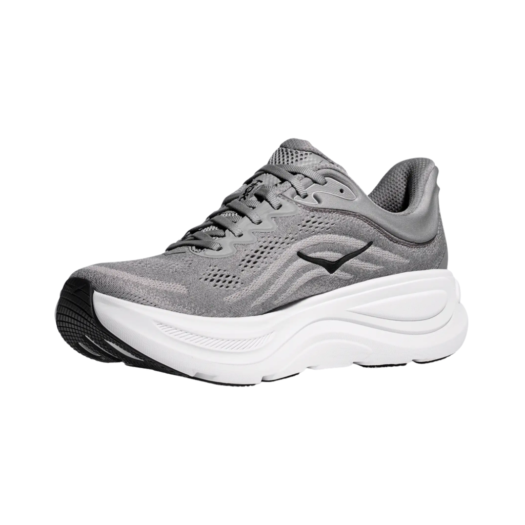 Side view of the HOKA Men’s Bondi 9 in Galactic Grey/Stellar Grey, showcasing the thick super critically foamed EVA midsole, smooth MetaRocker™ profile, and breathable recycled polyester upper for maximum cushioned support.