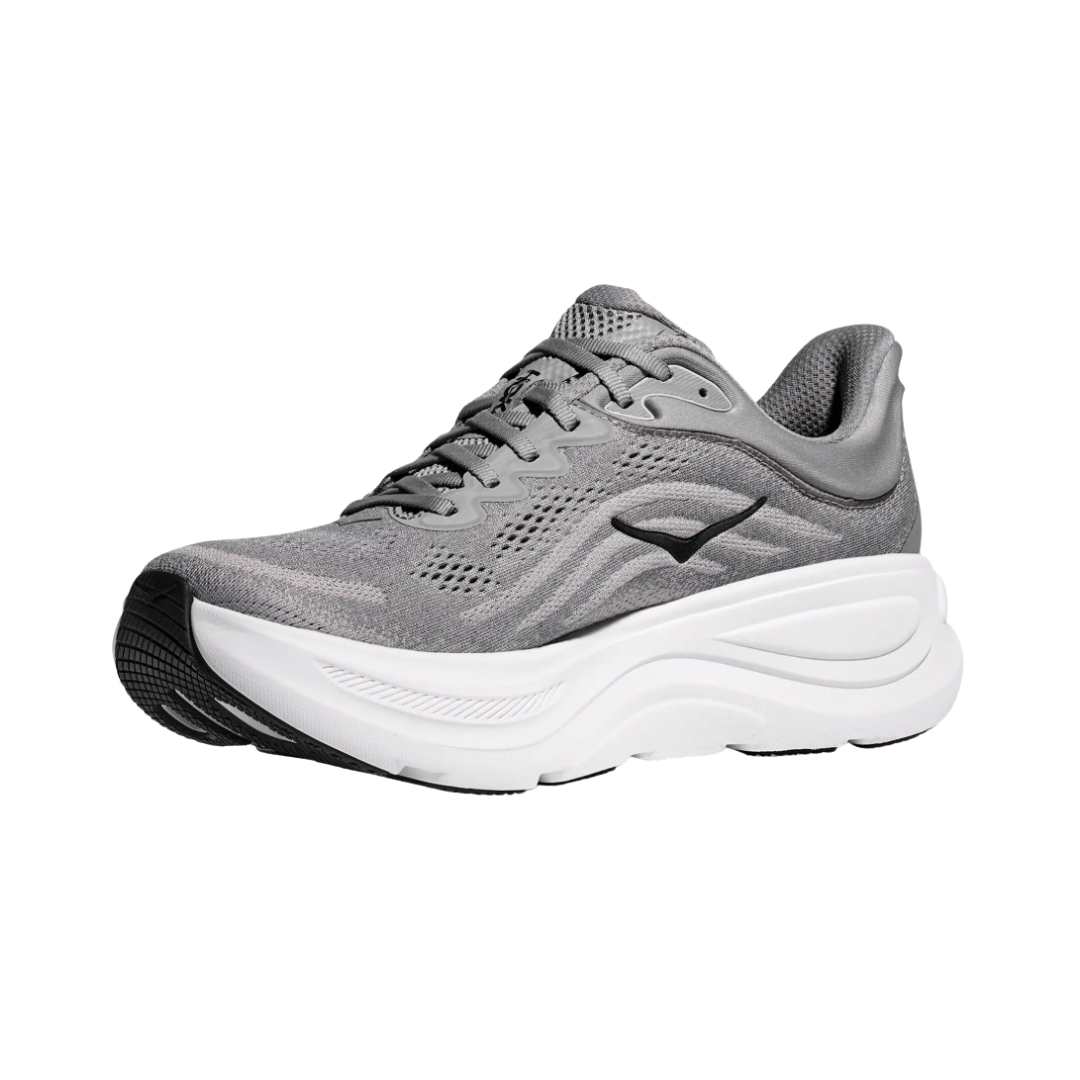 Side view of the HOKA Men’s Bondi 9 in Galactic Grey/Stellar Grey, showcasing the thick super critically foamed EVA midsole, smooth MetaRocker™ profile, and breathable recycled polyester upper for maximum cushioned support.