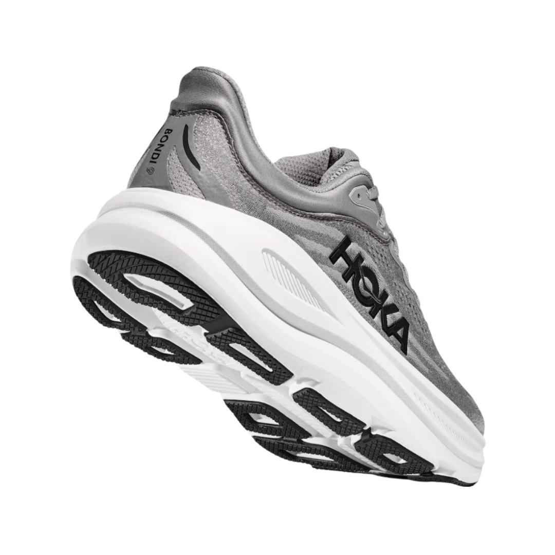 Bottom heel view of the HOKA Men’s Bondi 9 in Galactic Grey/Stellar Grey, highlighting the Durabrasion rubber outsole with high-wear traction zones for durability and reliable grip.