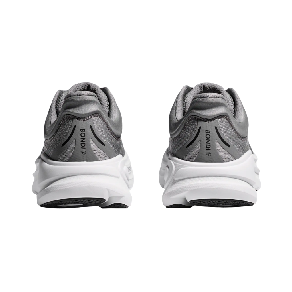 Heel view of the HOKA Men’s Bondi 9 in Galactic Grey/Stellar Grey, highlighting the rearfoot-focused Active Foot Frame™, extended heel pull tab, and 3D molded collar for secure stability and easy entry.