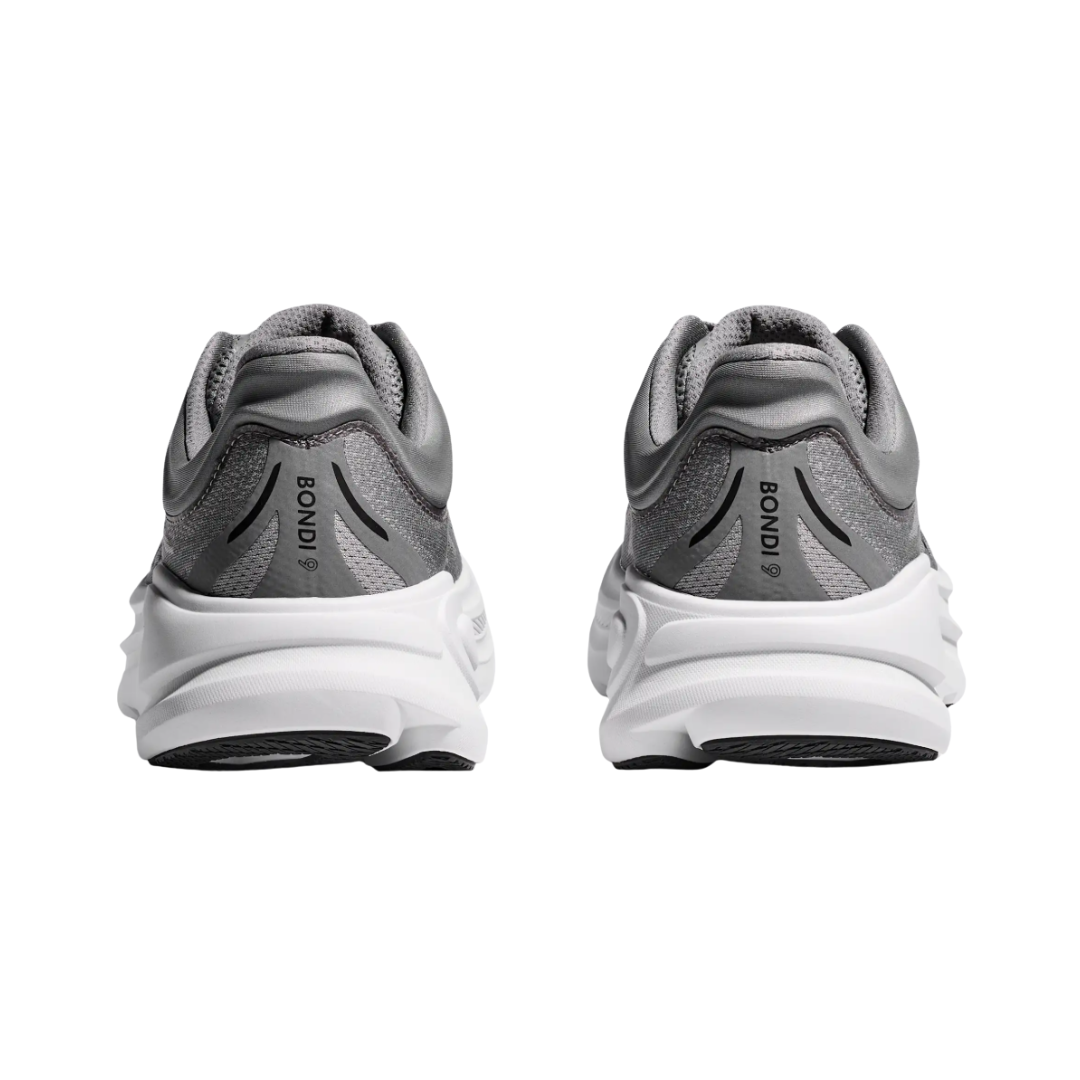 Heel view of the HOKA Men’s Bondi 9 in Galactic Grey/Stellar Grey, highlighting the rearfoot-focused Active Foot Frame™, extended heel pull tab, and 3D molded collar for secure stability and easy entry.