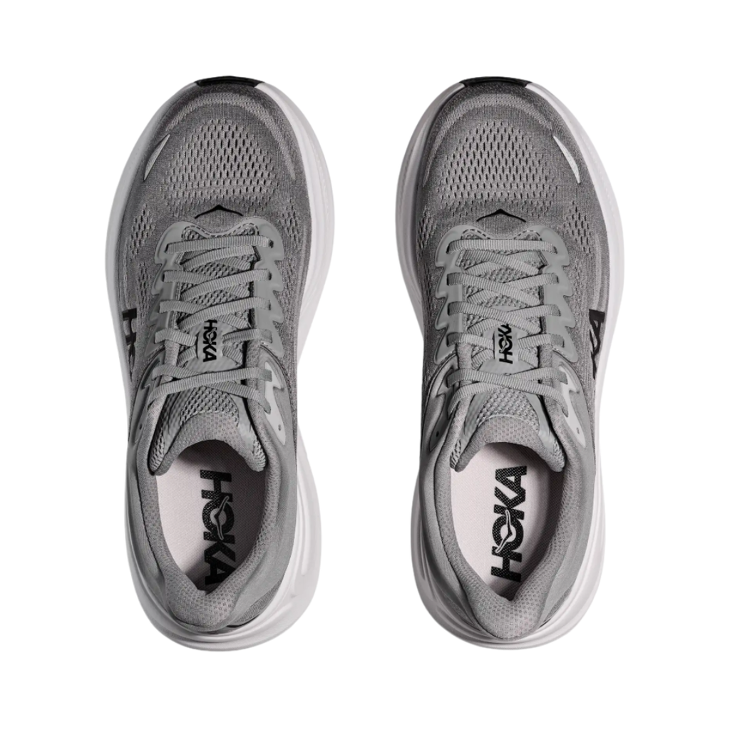 Top view of the HOKA Men’s Bondi 9 in Galactic Grey/Stellar Grey, showing the molded EVA sockliner, padded tongue, and secure lace-up system for cushioned all-day comfort.