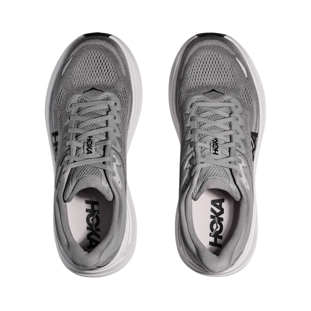 Top view of the HOKA Men’s Bondi 9 in Galactic Grey/Stellar Grey, showing the molded EVA sockliner, padded tongue, and secure lace-up system for cushioned all-day comfort.