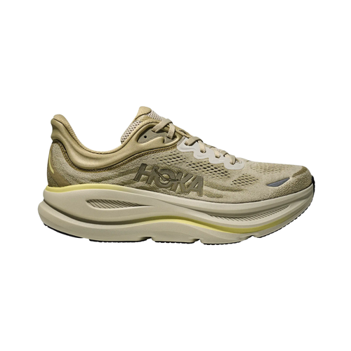 Side view of the HOKA Men’s Bondi 9 in Grassland/Oyster Mushroom, showcasing the thick super critically foamed EVA midsole, smooth MetaRocker™ profile, and breathable recycled polyester upper for maximum cushioned support.