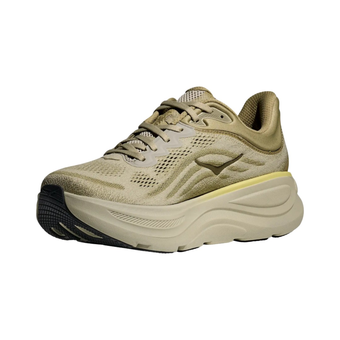Side view of the HOKA Men’s Bondi 9 in Grassland/Oyster Mushroom, showcasing the thick super critically foamed EVA midsole, smooth MetaRocker™ profile, and breathable recycled polyester upper for maximum cushioned support.