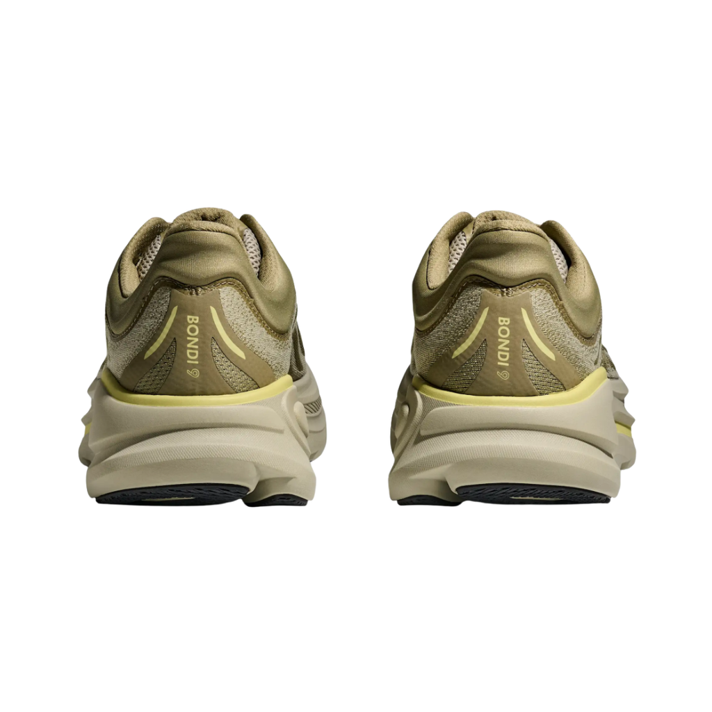 Heel view of the HOKA Men’s Bondi 9 in Grassland/Oyster Mushroom, highlighting the rearfoot-focused Active Foot Frame™, extended heel pull tab, and 3D molded collar for secure stability and easy entry.