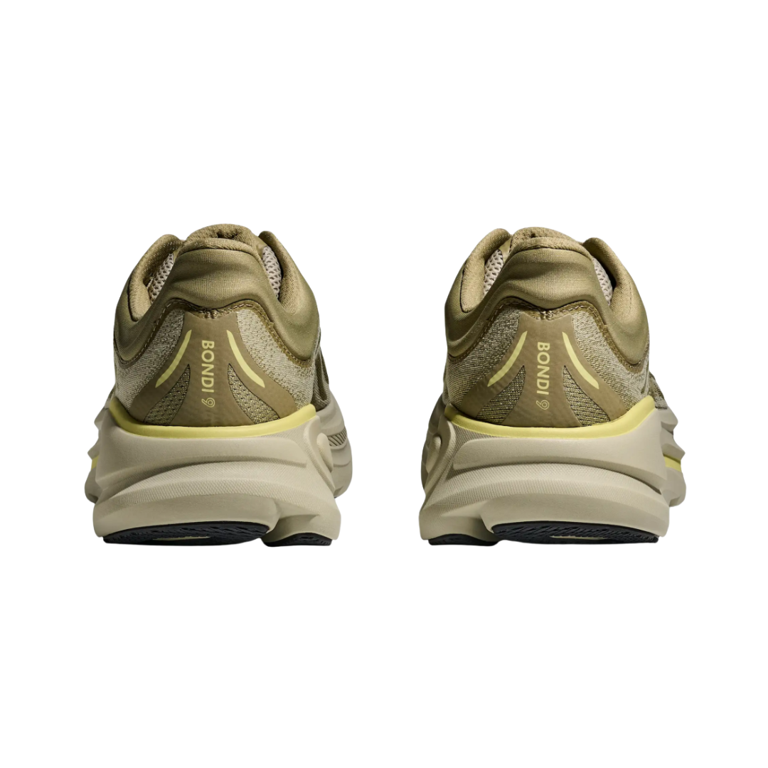 Heel view of the HOKA Men’s Bondi 9 in Grassland/Oyster Mushroom, highlighting the rearfoot-focused Active Foot Frame™, extended heel pull tab, and 3D molded collar for secure stability and easy entry.