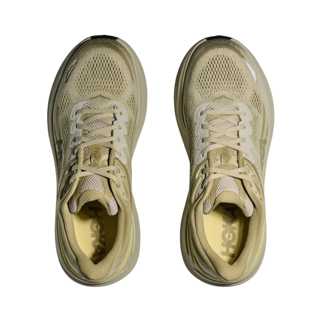 Top view of the HOKA Men’s Bondi 9 in Grassland/Oyster Mushroom, showing the molded EVA sockliner, padded tongue, and secure lace-up system for cushioned all-day comfort.