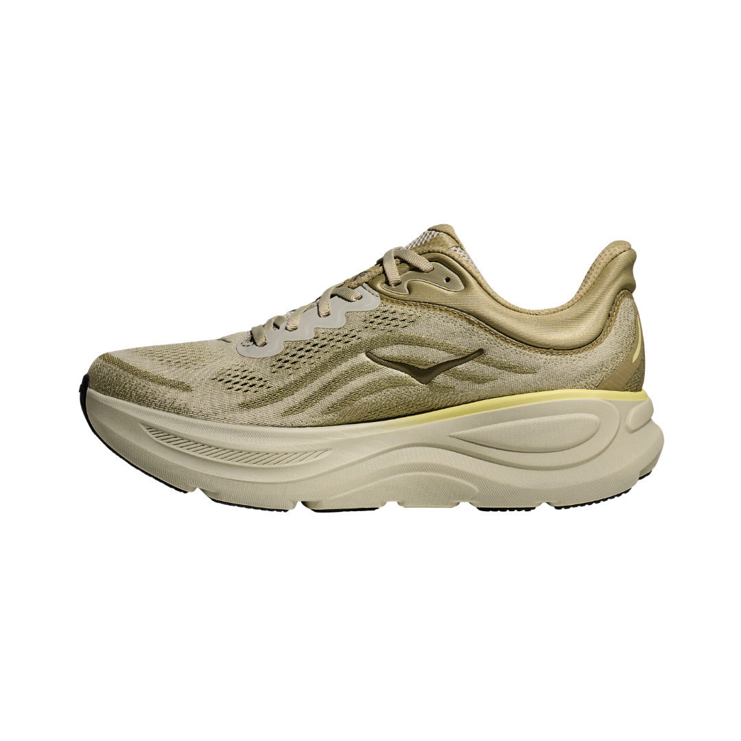 Side view of the HOKA Men’s Bondi 9 in Grassland/Oyster Mushroom, showcasing the thick super critically foamed EVA midsole, smooth MetaRocker™ profile, and breathable recycled polyester upper for maximum cushioned support.