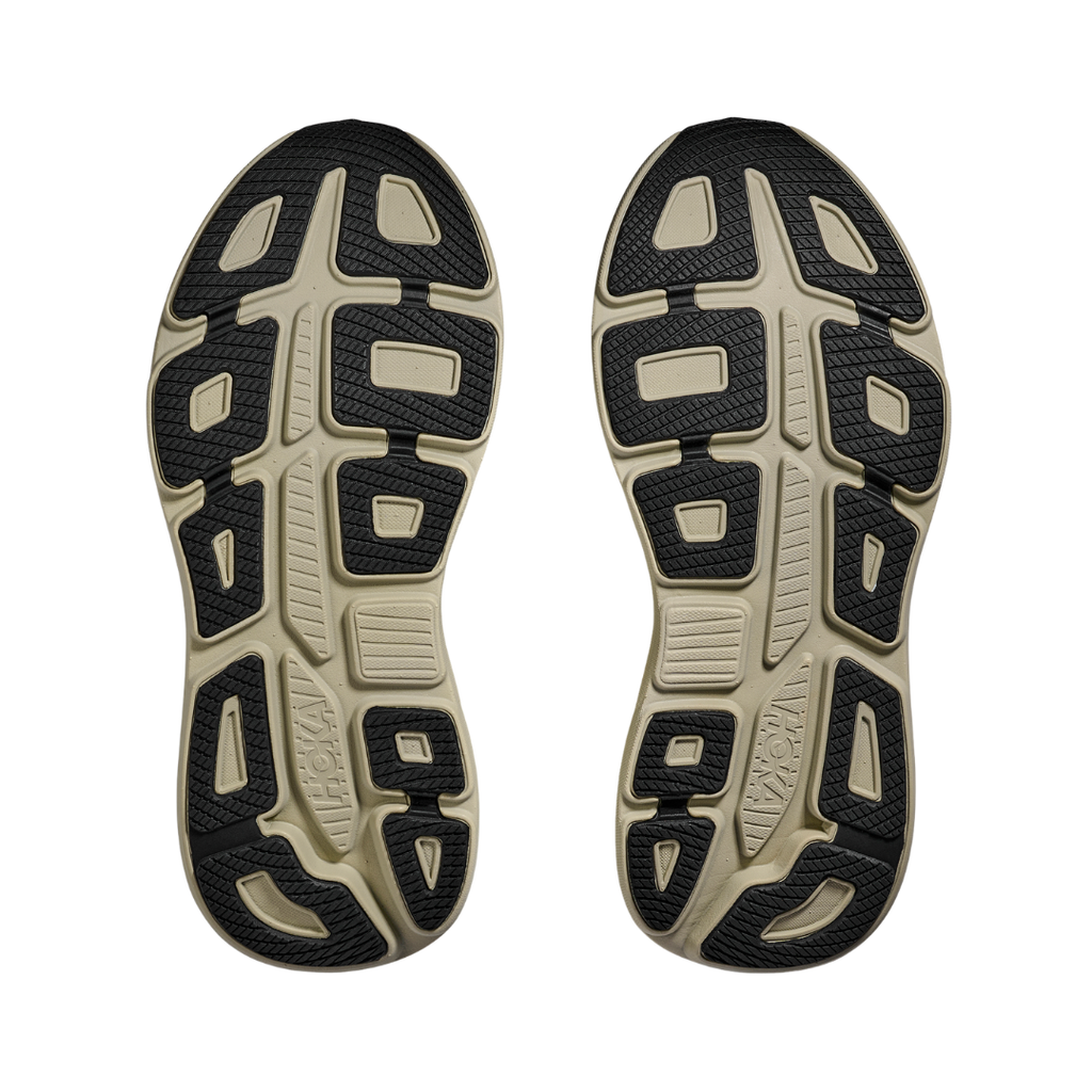 Bottom view of the HOKA Men’s Bondi 9 in Grassland/Oyster Mushroom, highlighting the Durabrasion rubber outsole with high-wear traction zones for durability and reliable grip.