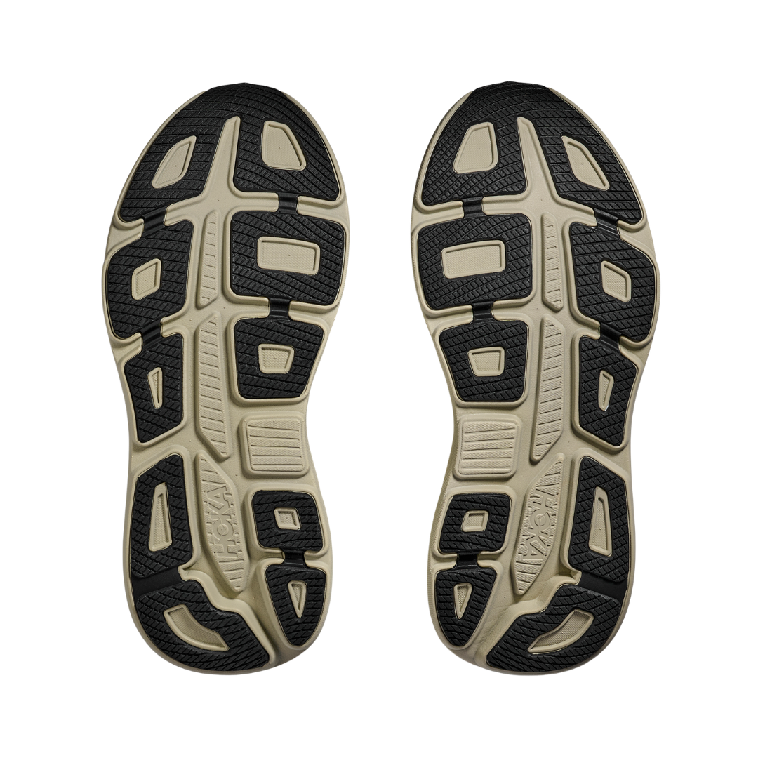 Bottom view of the HOKA Men’s Bondi 9 in Grassland/Oyster Mushroom, highlighting the Durabrasion rubber outsole with high-wear traction zones for durability and reliable grip.