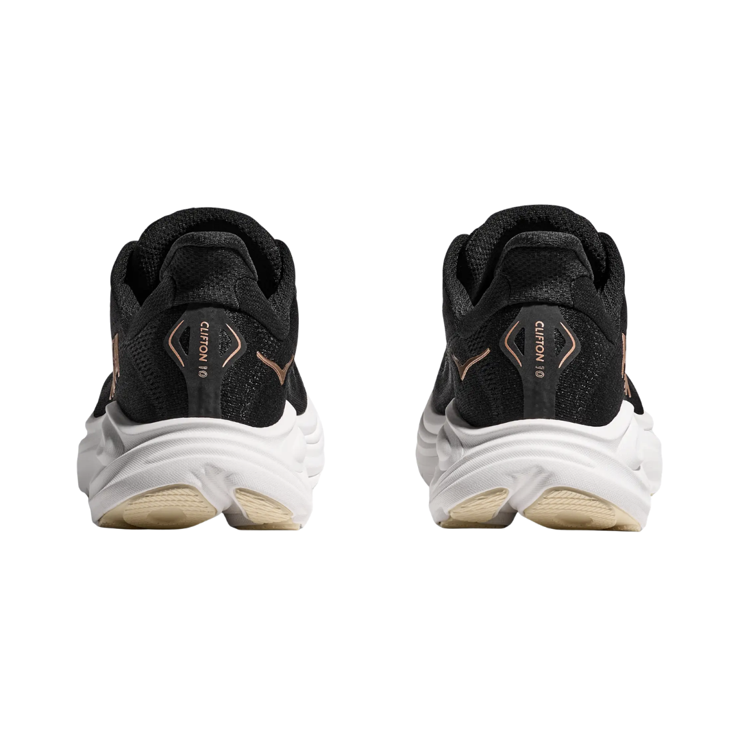 Heel view of the HOKA Women’s Clifton 10 in Black/Rose Gold, highlighting the rearfoot-focused Active Foot Frame™ and padded heel collar for stable landings and secure support.