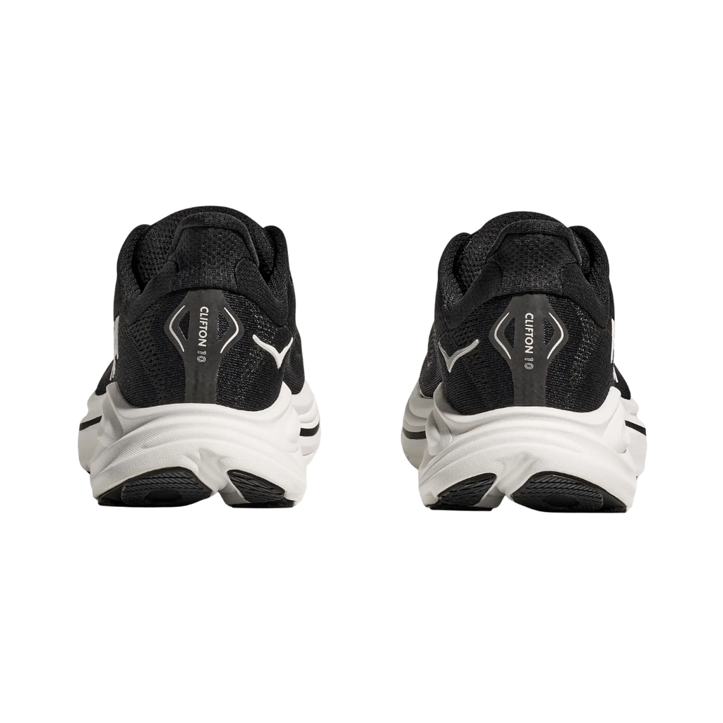 Heel view of the HOKA Women’s Clifton 10 in Black/White, highlighting the rearfoot-focused Active Foot Frame™ and padded heel collar for stable landings and secure support.
