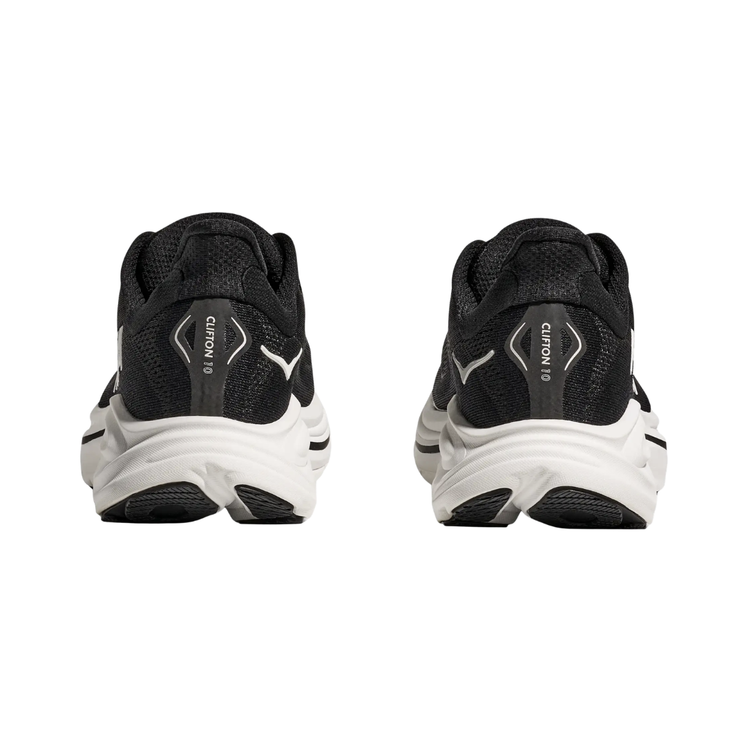 Heel view of the HOKA Women’s Clifton 10 in Black/White, highlighting the rearfoot-focused Active Foot Frame™ and padded heel collar for stable landings and secure support.