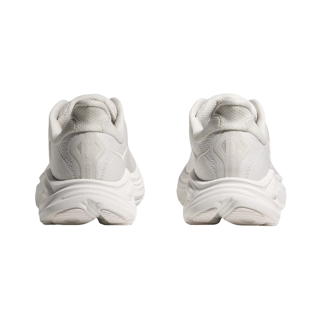 Heel view of the HOKA Women’s Clifton 10 in White/White, highlighting the rearfoot-focused Active Foot Frame™ and padded heel collar for stable landings and secure support.