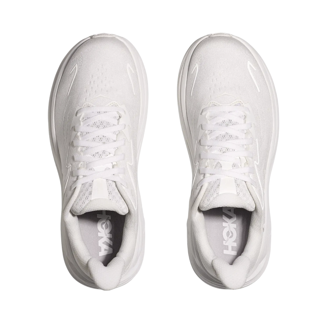 Top view of the HOKA Women’s Clifton 10 in White/White, showcasing the molded EVA sockliner, padded tongue, and double-lace lock system for secure, cushioned all-day comfort.