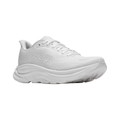 Women's HOKA Clifton 11 running shoe in White/White featuring an engineered mesh upper, compression-molded EVA foam midsole, 3D silicone print overlays, MetaRocker™ geometry, and durable abrasion rubber outsole for lightweight everyday comfort.