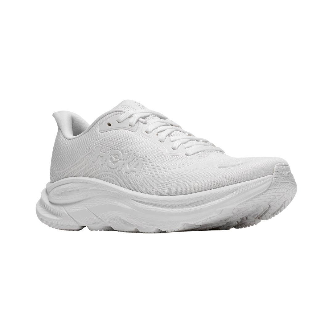 Women's HOKA Clifton 11 running shoe in White/White featuring an engineered mesh upper, compression-molded EVA foam midsole, 3D silicone print overlays, MetaRocker™ geometry, and durable abrasion rubber outsole for lightweight everyday comfort.