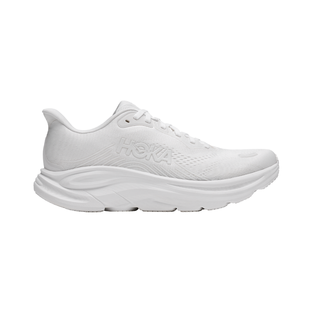 Women's HOKA Clifton 11 running shoe in White/White featuring an engineered mesh upper, compression-molded EVA foam midsole, 3D silicone print overlays, MetaRocker™ geometry, and durable abrasion rubber outsole for lightweight everyday comfort.