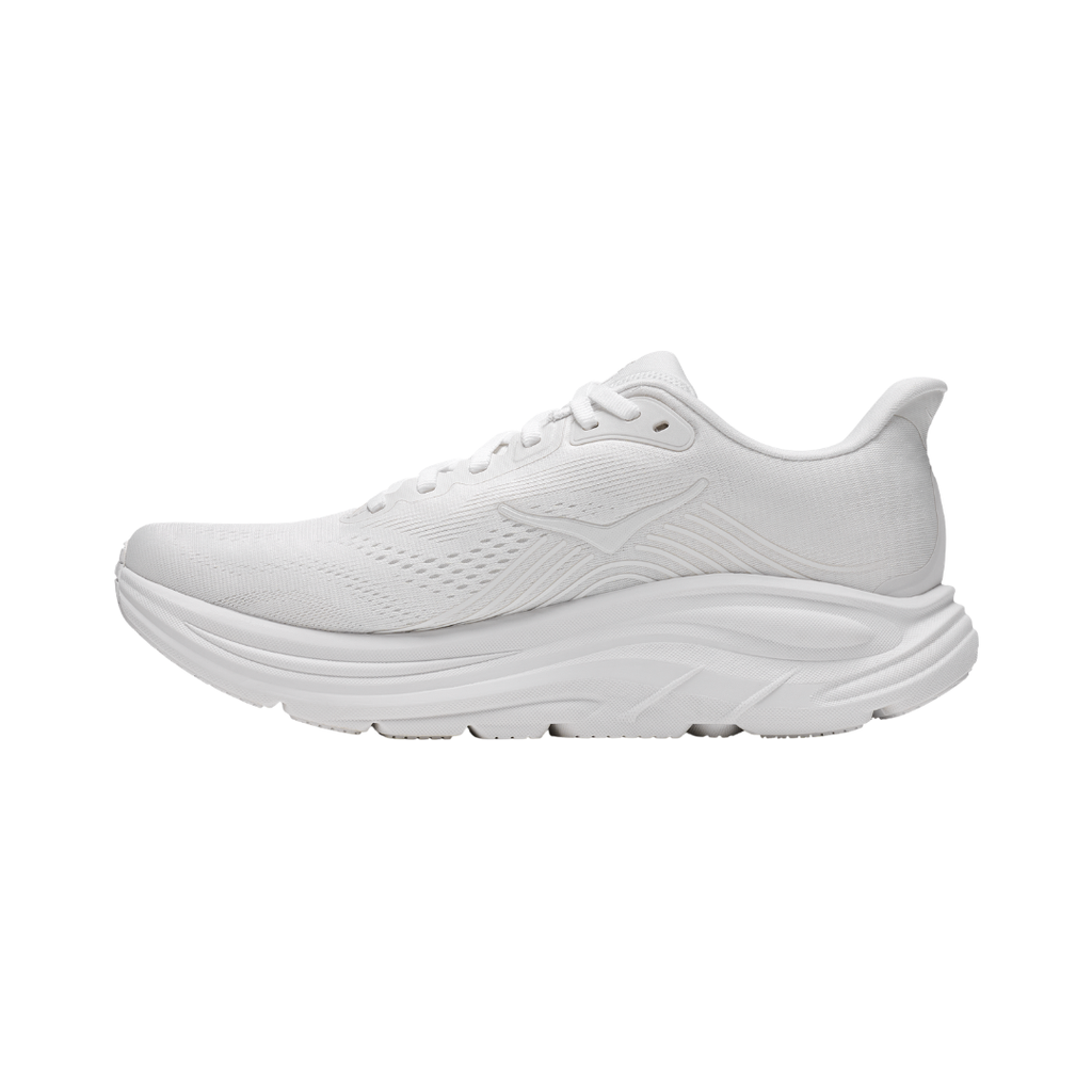 Women's HOKA Clifton 11 running shoe in White/White featuring an engineered mesh upper, compression-molded EVA foam midsole, 3D silicone print overlays, MetaRocker™ geometry, and durable abrasion rubber outsole for lightweight everyday comfort.