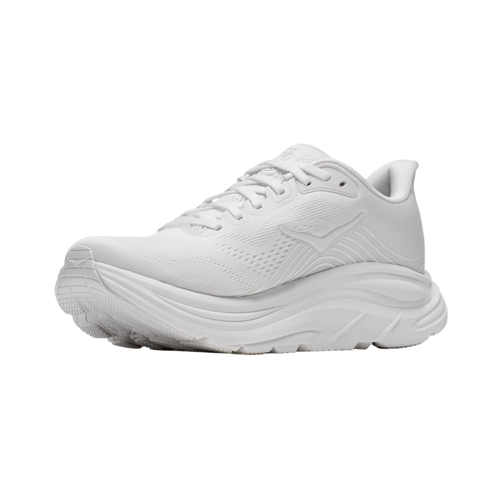 Women's HOKA Clifton 11 running shoe in White/White featuring an engineered mesh upper, compression-molded EVA foam midsole, 3D silicone print overlays, MetaRocker™ geometry, and durable abrasion rubber outsole for lightweight everyday comfort.