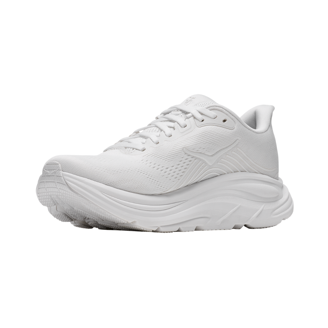 Women's HOKA Clifton 11 running shoe in White/White featuring an engineered mesh upper, compression-molded EVA foam midsole, 3D silicone print overlays, MetaRocker™ geometry, and durable abrasion rubber outsole for lightweight everyday comfort.