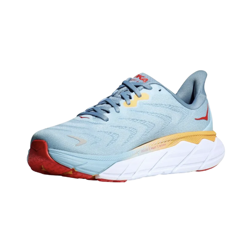 Side view of the HOKA Men’s Arahi 6 in Summer Song/Mountain Spring, showcasing the lightweight engineered mesh upper, compression-molded EVA midsole, and J-Frame™ stability design for supportive, cushioned performance.
