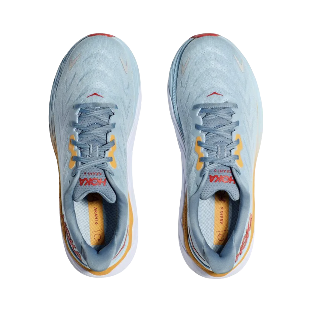 Heel view of the HOKA Men’s Arahi 6 in Summer Song/Mountain Spring, highlighting the structured heel counter and plush heel collar designed to enhance rearfoot stability and comfort.