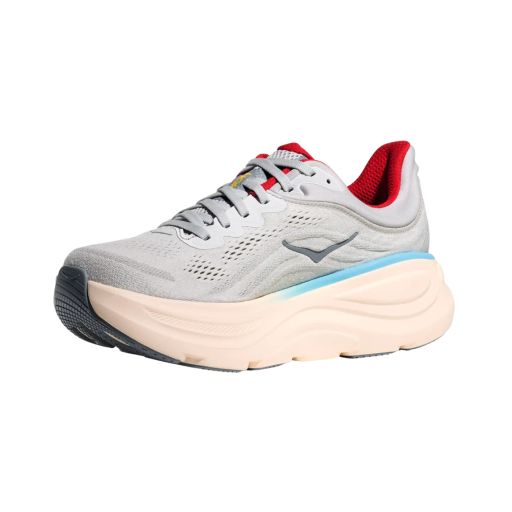 Side view of the HOKA Women’s Bondi 9 in Cosmic Grey/Stardust, showcasing the thick super critically foamed EVA midsole, smooth MetaRocker™ profile, and breathable recycled polyester upper for maximum cushioned support.