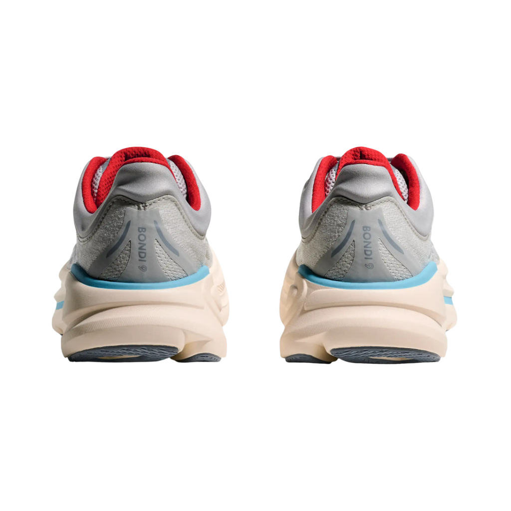 Heel view of the HOKA Women’s Bondi 9 in Cosmic Grey/Stardust, highlighting the rearfoot-focused Active Foot Frame™, extended heel pull tab, and 3D molded collar for secure stability and easy entry.