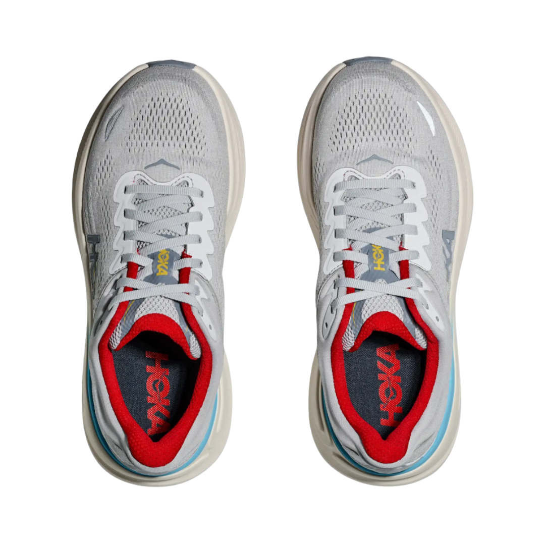 Top view of the HOKA Women’s Bondi 9 in Cosmic Grey/Stardust, showing the molded EVA sockliner, padded tongue, and secure lace-up system for cushioned all-day comfort.