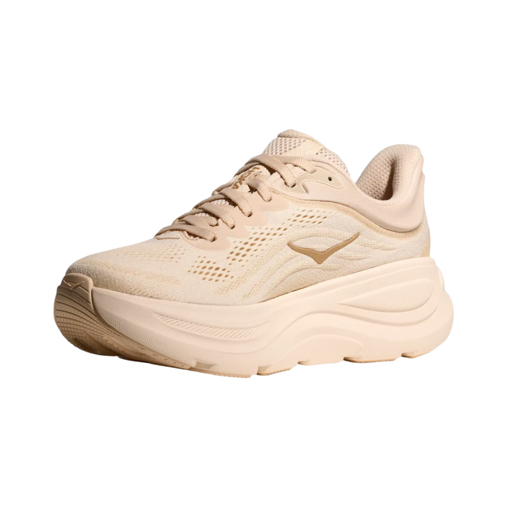 Side view of the HOKA Women’s Bondi 9 in Vanilla/Birch, showcasing the thick super critically foamed EVA midsole, smooth MetaRocker™ profile, and breathable recycled polyester upper for maximum cushioned support.