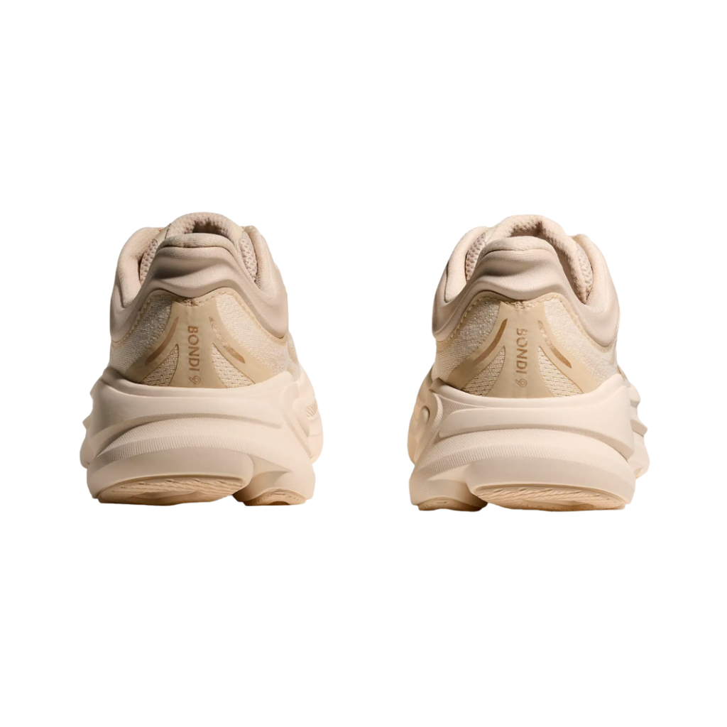 Heel view of the HOKA Women’s Bondi 9 in Vanilla/Birch, highlighting the rearfoot-focused Active Foot Frame™, extended heel pull tab, and 3D molded collar for secure stability and easy entry.