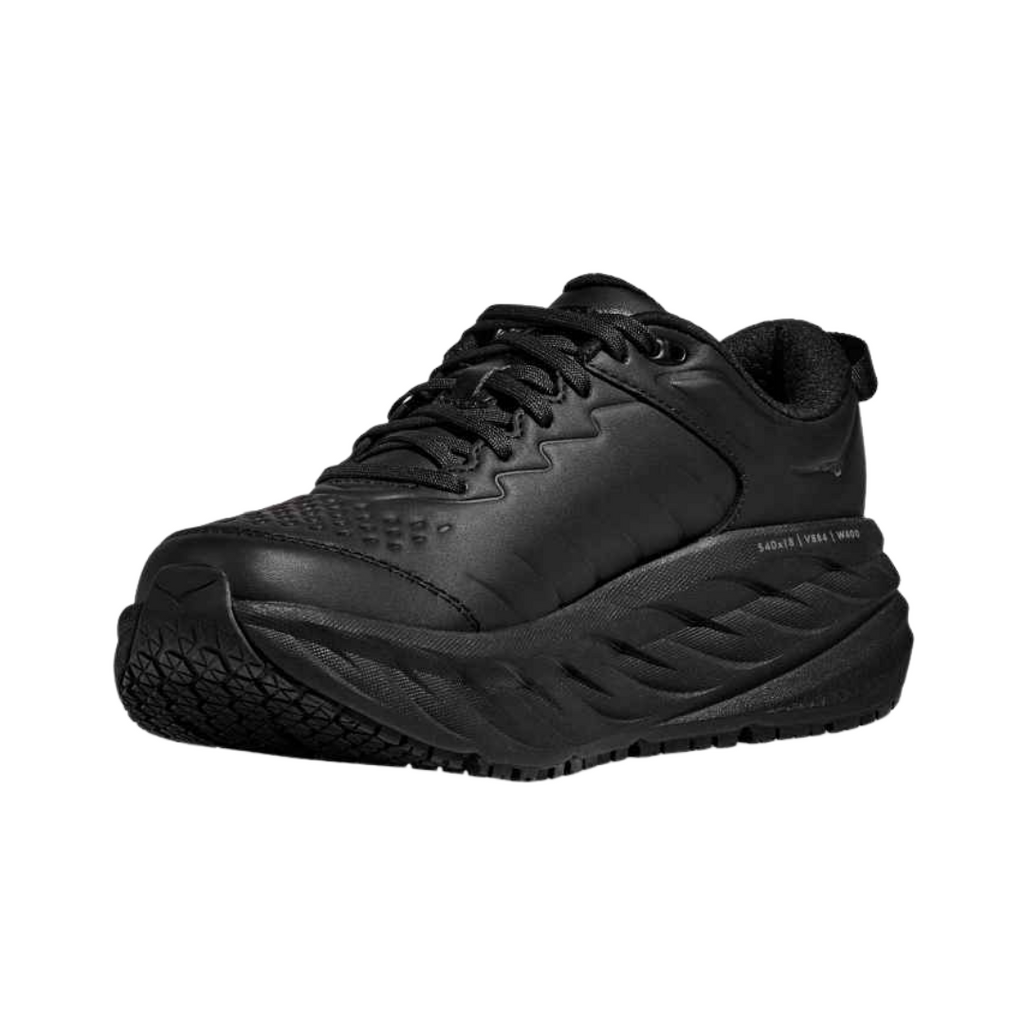 Side view of the HOKA Men’s Bondi SR in Black/Black, showcasing the water-resistant leather upper, thick EVA midsole cushioning, and Early Stage MetaRocker™ design for smooth, supportive movement.