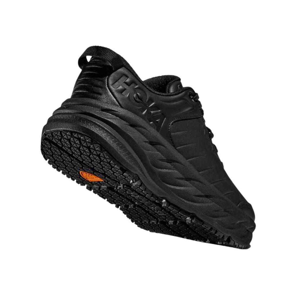 Bottom heel view of the HOKA Men’s Bondi SR in Black/Black, highlighting the slip-resistant rubber outsole and tread pattern designed for dependable traction on wet or slick surfaces.