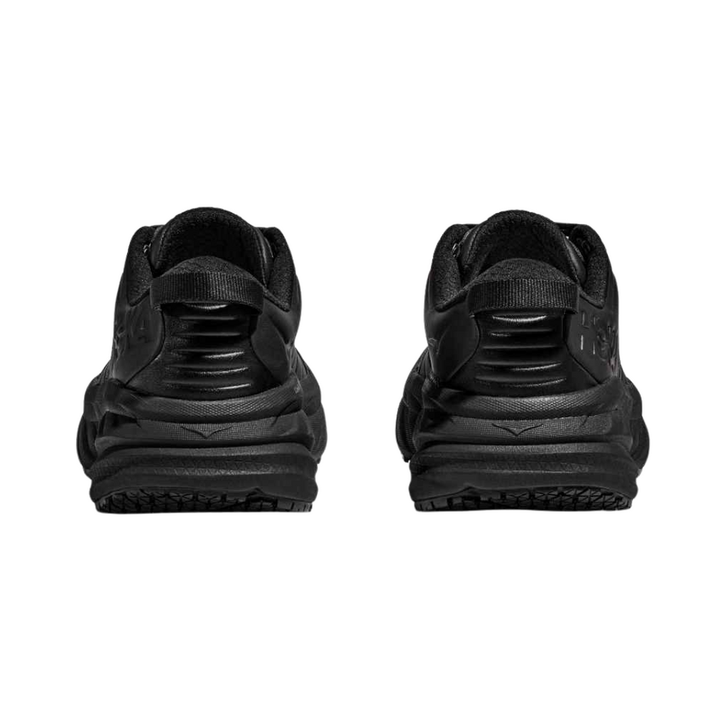 Heel view of the HOKA Men’s Bondi SR in Black/Black, highlighting the memory foam collar and rearfoot structure designed to provide stability and cushioned heel support.