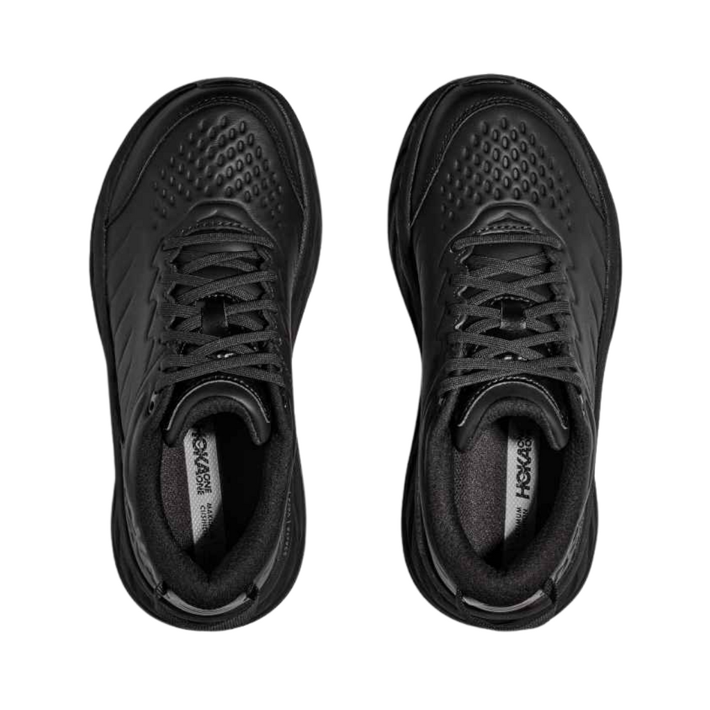 Top view of the HOKA Men’s Bondi SR in Black/Black, showing the padded tongue, tongue lining wrap, and cushioned interior for secure step-in comfort.