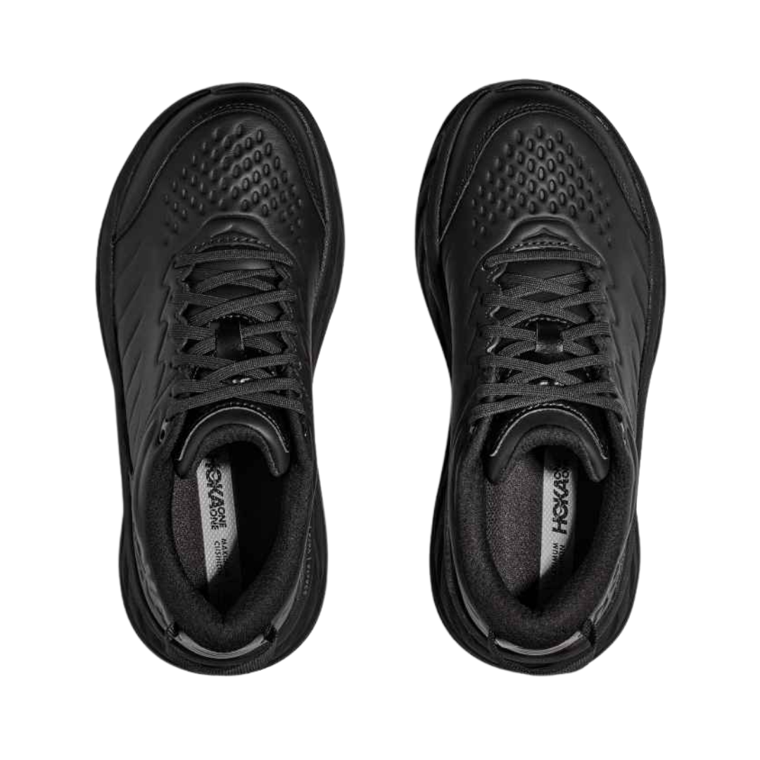Top view of the HOKA Men’s Bondi SR in Black/Black, showing the padded tongue, tongue lining wrap, and cushioned interior for secure step-in comfort.