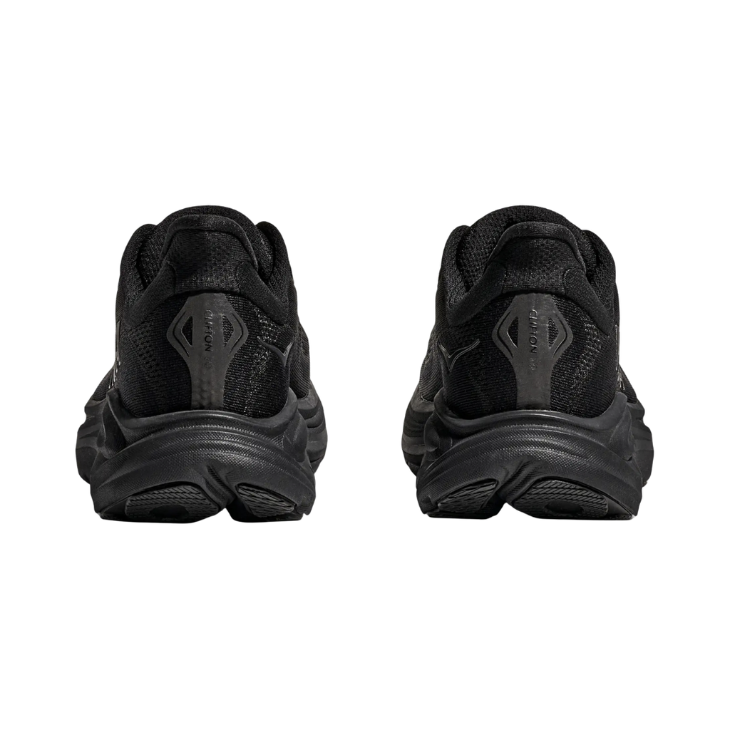 Heel view of the HOKA Women’s Clifton 10 in Black/Black, highlighting the rearfoot-focused Active Foot Frame™ and padded heel collar for stable landings and secure support.