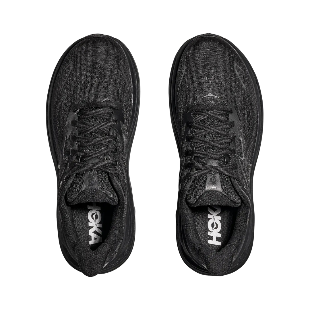 Top view of the HOKA Women’s Clifton 10 in Black/Black, showing the molded EVA sockliner, padded tongue, and double-lace lock system for secure, cushioned all-day comfort.