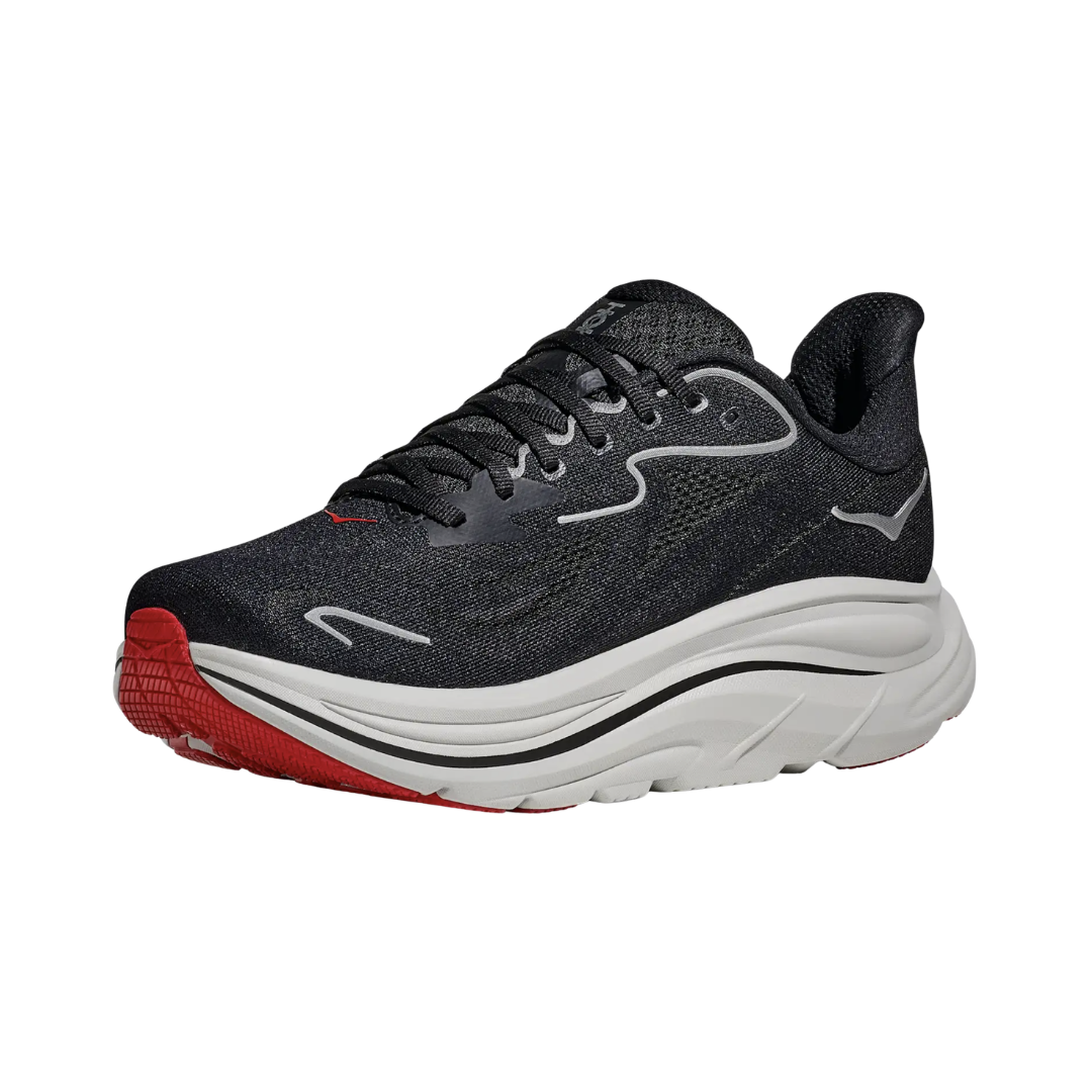 Side view of the HOKA Men’s Clifton 10 in Black/Silver, showcasing the lightweight jacquard knit upper, plush CMEVA midsole cushioning, and smooth MetaRocker™ geometry for a soft, efficient ride.