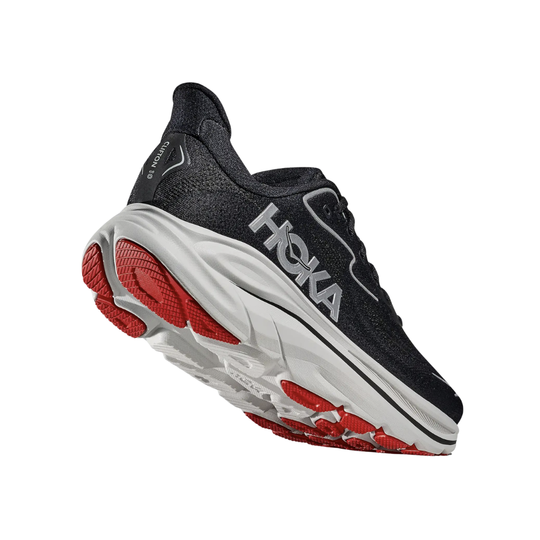 Bottom heel view of the HOKA Men’s Clifton 10 in Black/Silver, highlighting the durable outsole with traction zones designed for reliable grip and long-lasting performance.