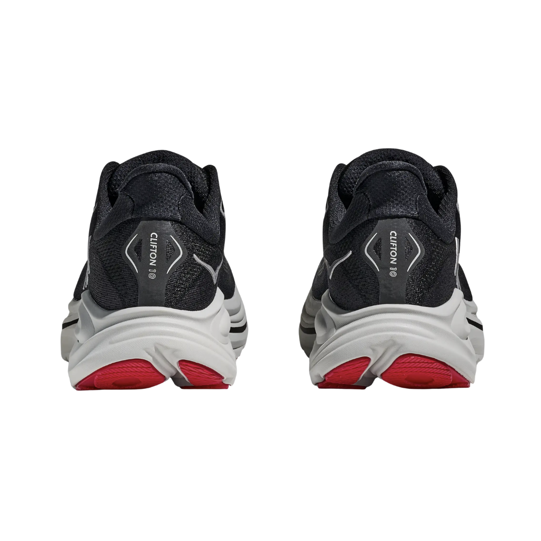 Heel view of the HOKA Men’s Clifton 10 in Black/Silver, highlighting the rearfoot-focused Active Foot Frame™ and padded heel collar for stable landings and secure support.