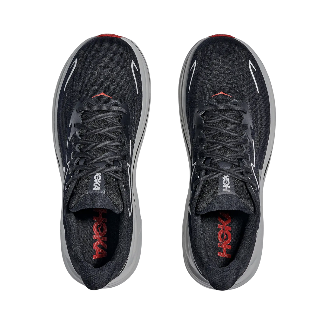 Top view of the HOKA Men’s Clifton 10 in Black/Silver, showing the molded EVA sockliner, padded tongue, and double-lace lock system for secure, cushioned all-day comfort.