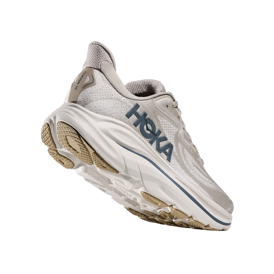 Bottom heel view of the HOKA Men’s Clifton 10 in Putty/Grout, highlighting the durable outsole with traction zones designed for reliable grip and long-lasting performance.