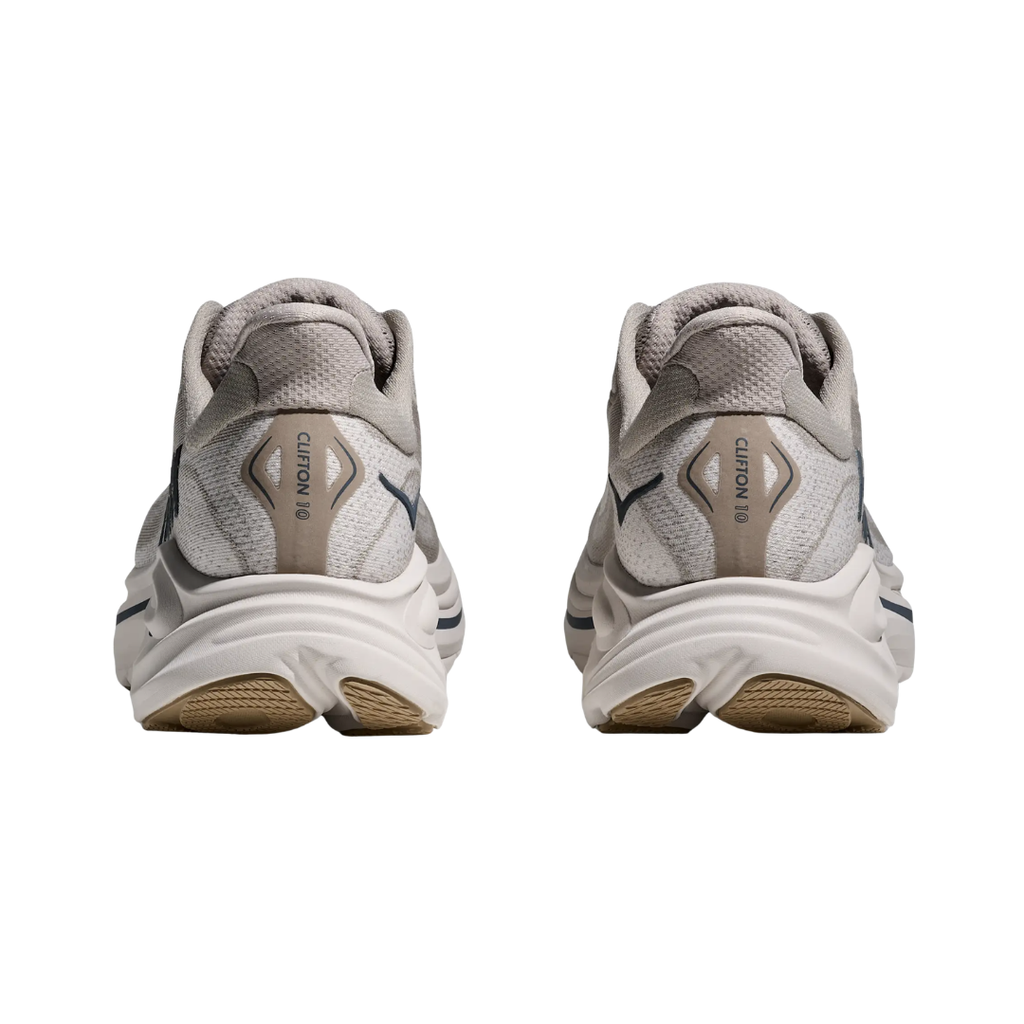 Top view of the HOKA Men’s Clifton 10 in Putty/Grout, showing the molded EVA sockliner, padded tongue, and double-lace lock system for secure, cushioned all-day comfort.